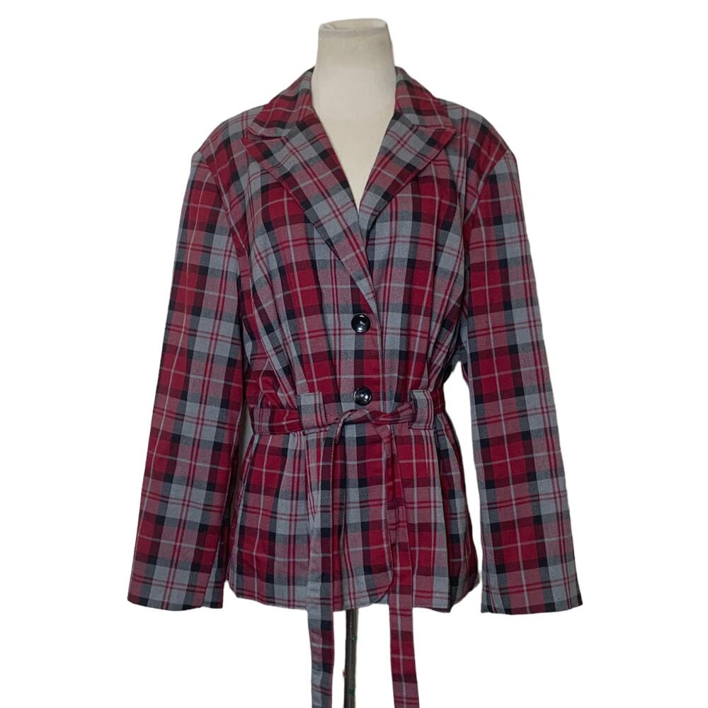 Larry Levine red plaid button belted blazer jacket size XL